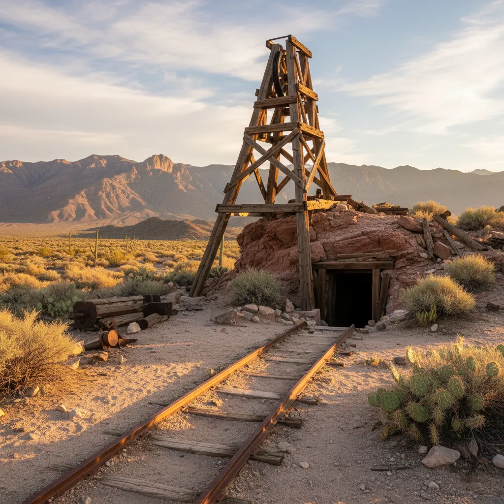 Weathered wooden mine headframe against desert mountains, golden hour lighting, with rusty ore cart tracks leading to dark mine entrance