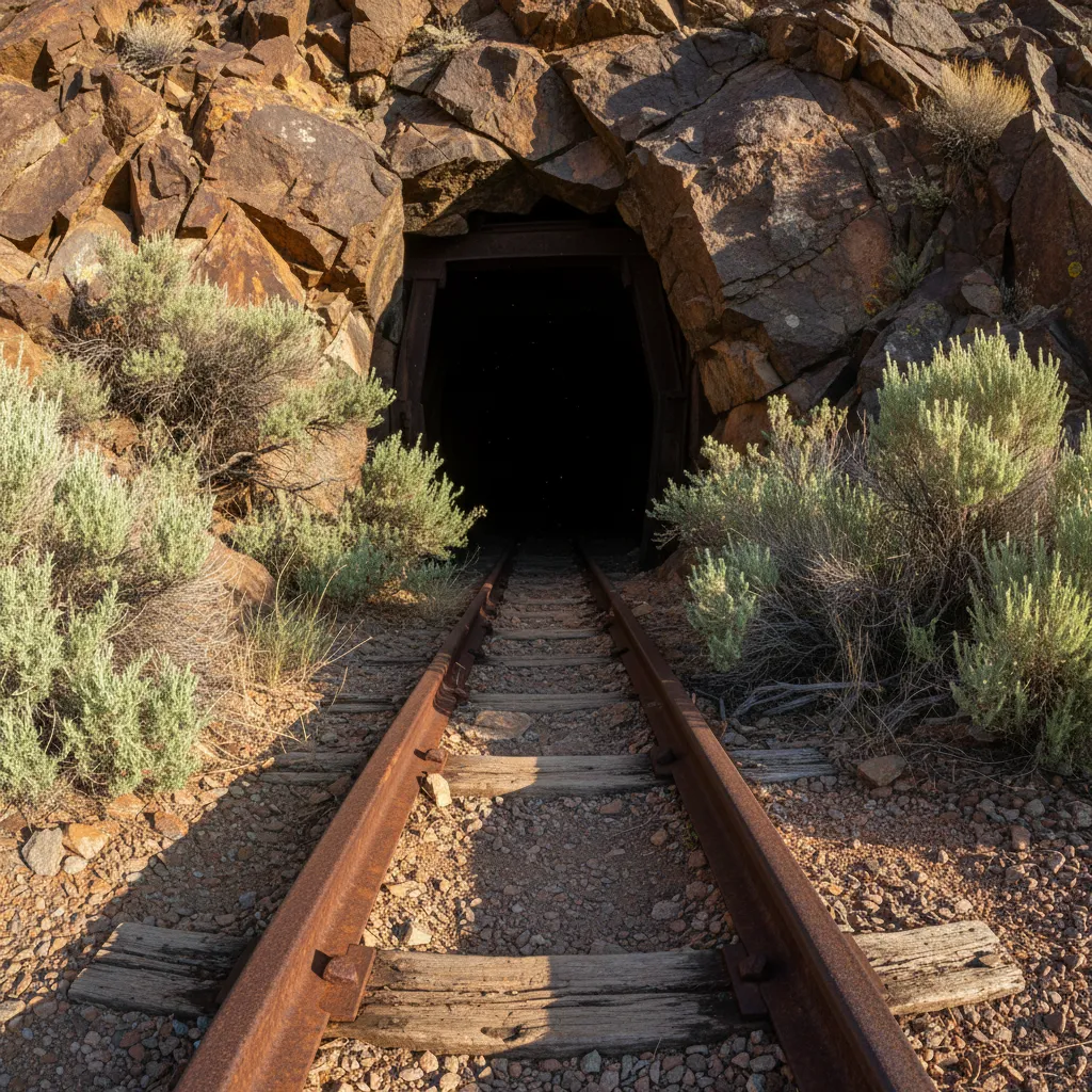Close-up of rusty ore cart rails disappearing into a dark mine tunnel entrance, surrounded by sagebrush and weathered rock