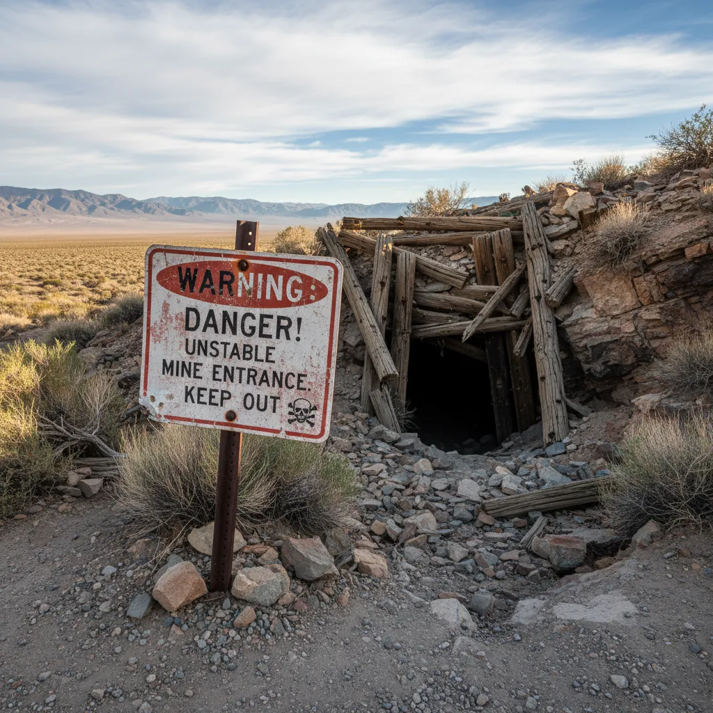 Warning sign at abandoned mine entrance, weathered and faded, with collapsed tunnel visible behind it, shot from safe distance