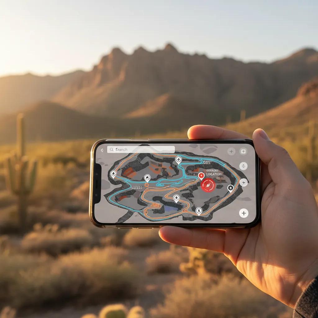 Smartphone displaying an interactive mine map app with location markers, held in front of a mountainous desert landscape