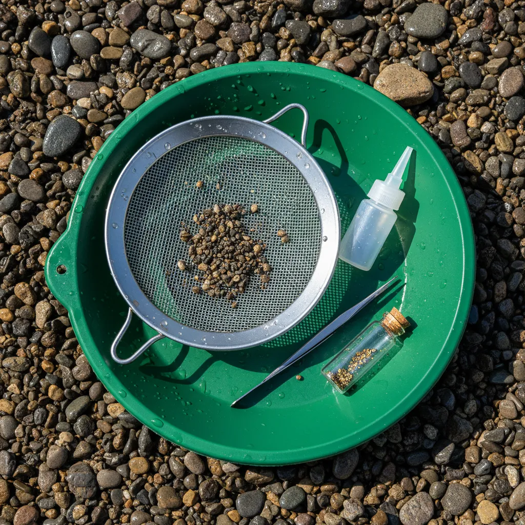 close-up overhead photo of a green gold pan with classifier screen on top, snuffer bottle, tweezers, and glass vial arranged next to it on a river gravel bar
