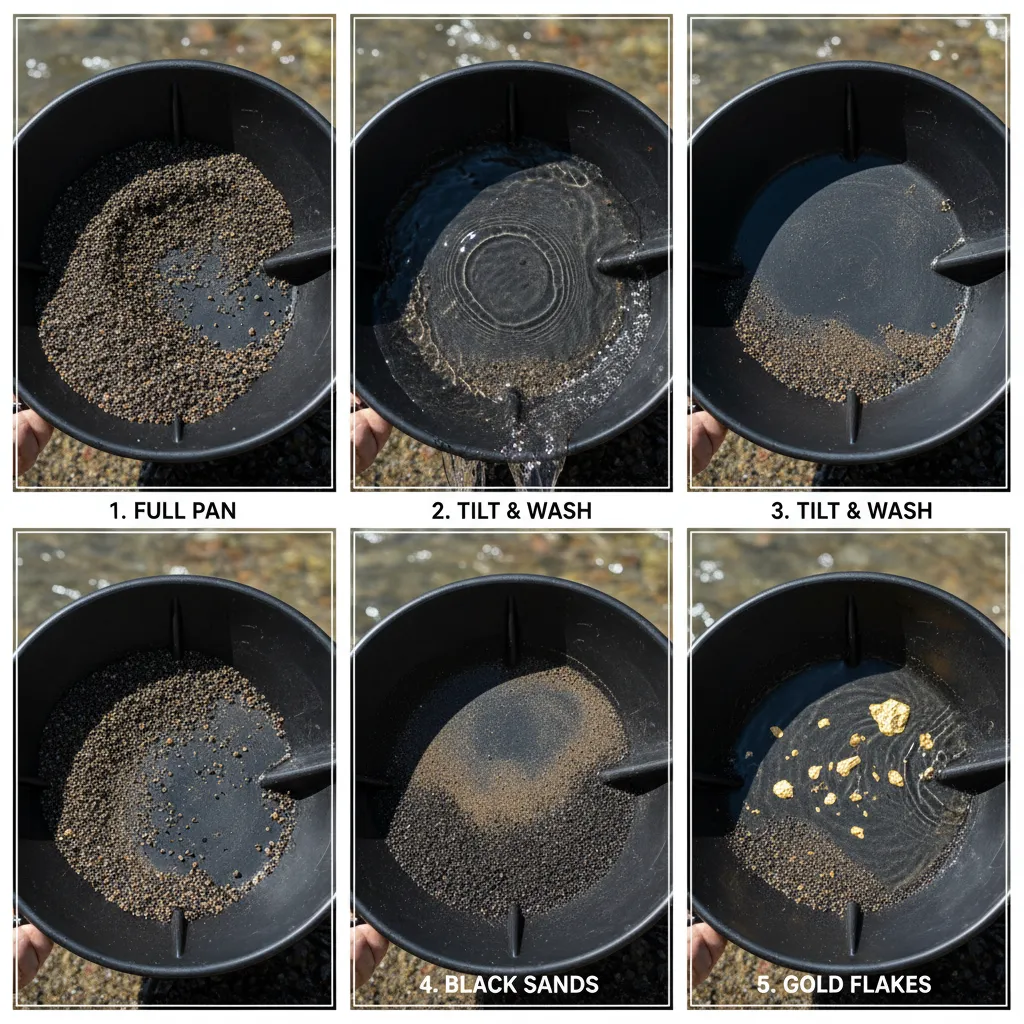 top-down step-by-step photo sequence showing 5 stages of gold panning: full pan of classified material, shaking to stratify, tilted washing, black sand concentrates, and final gold flakes visible in pan