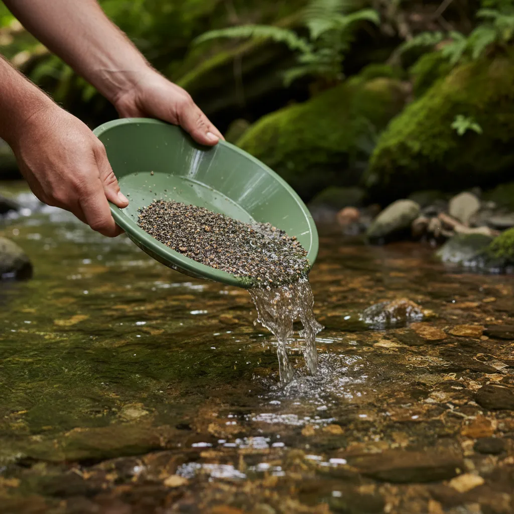 side view of hands holding a green gold pan tilted at a slight angle in creek water, demonstrating the washing technique with material flowing over the front edge