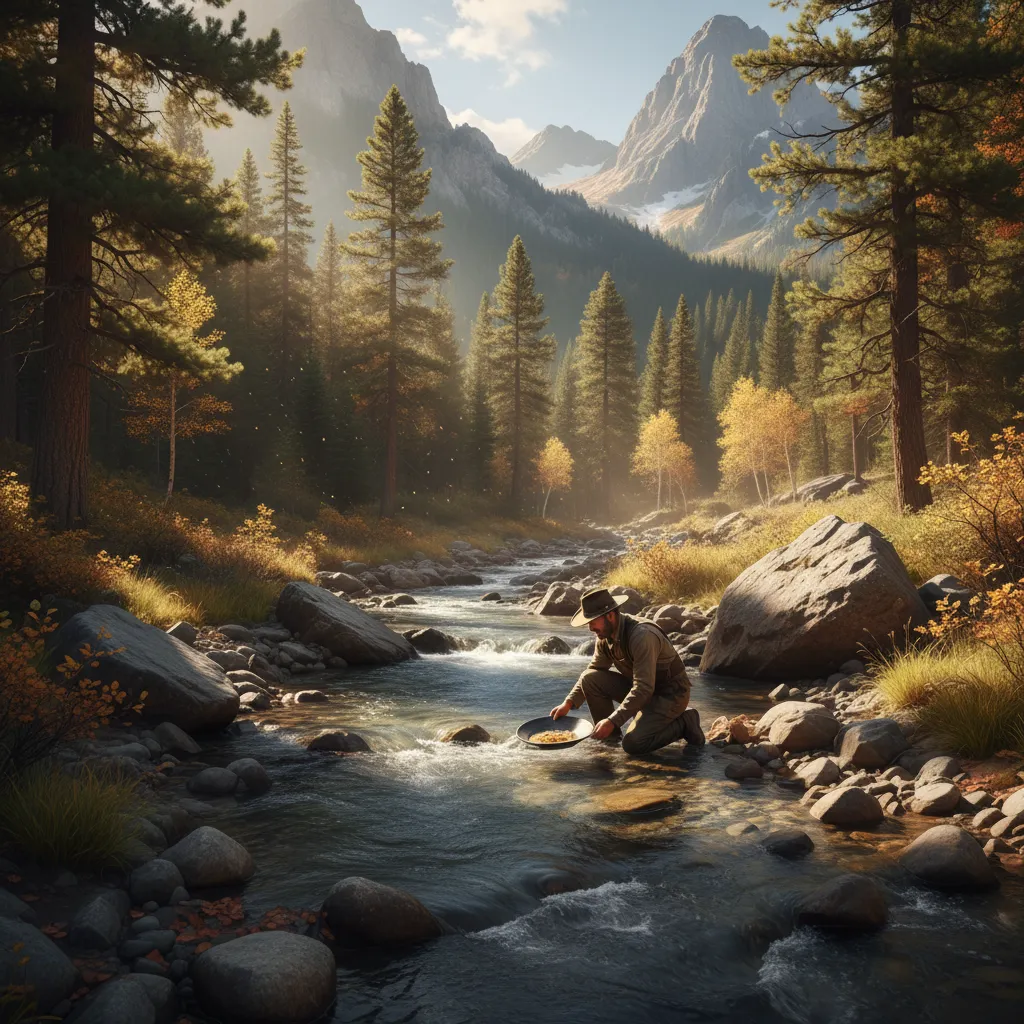 scenic view of a person kneeling by a mountain stream with a gold pan, surrounded by forest and rocky terrain, afternoon sunlight filtering through trees