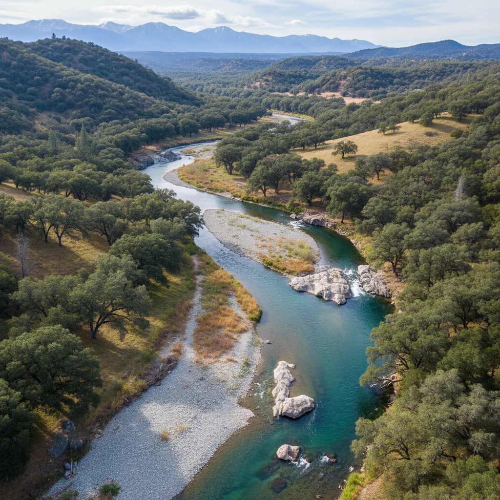 aerial view of the South Fork American River near Coloma California showing exposed bedrock and gold-bearing gravel bars, surrounded by oak-covered Sierra foothills, clear water with visible river bends