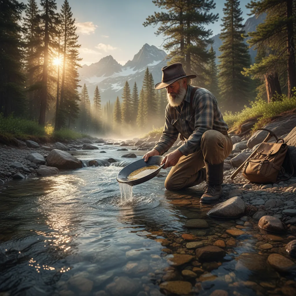 gold prospector kneeling beside a rocky mountain creek with a pan in hand, early morning light, pine trees along the bank, clear water flowing over exposed bedrock