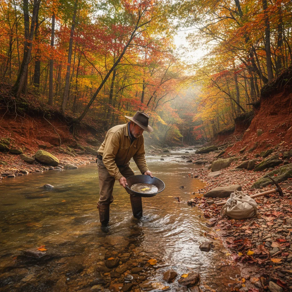 prospector panning gold in a creek surrounded by Appalachian forest with fall foliage, red clay banks visible, clear shallow water flowing over rocks