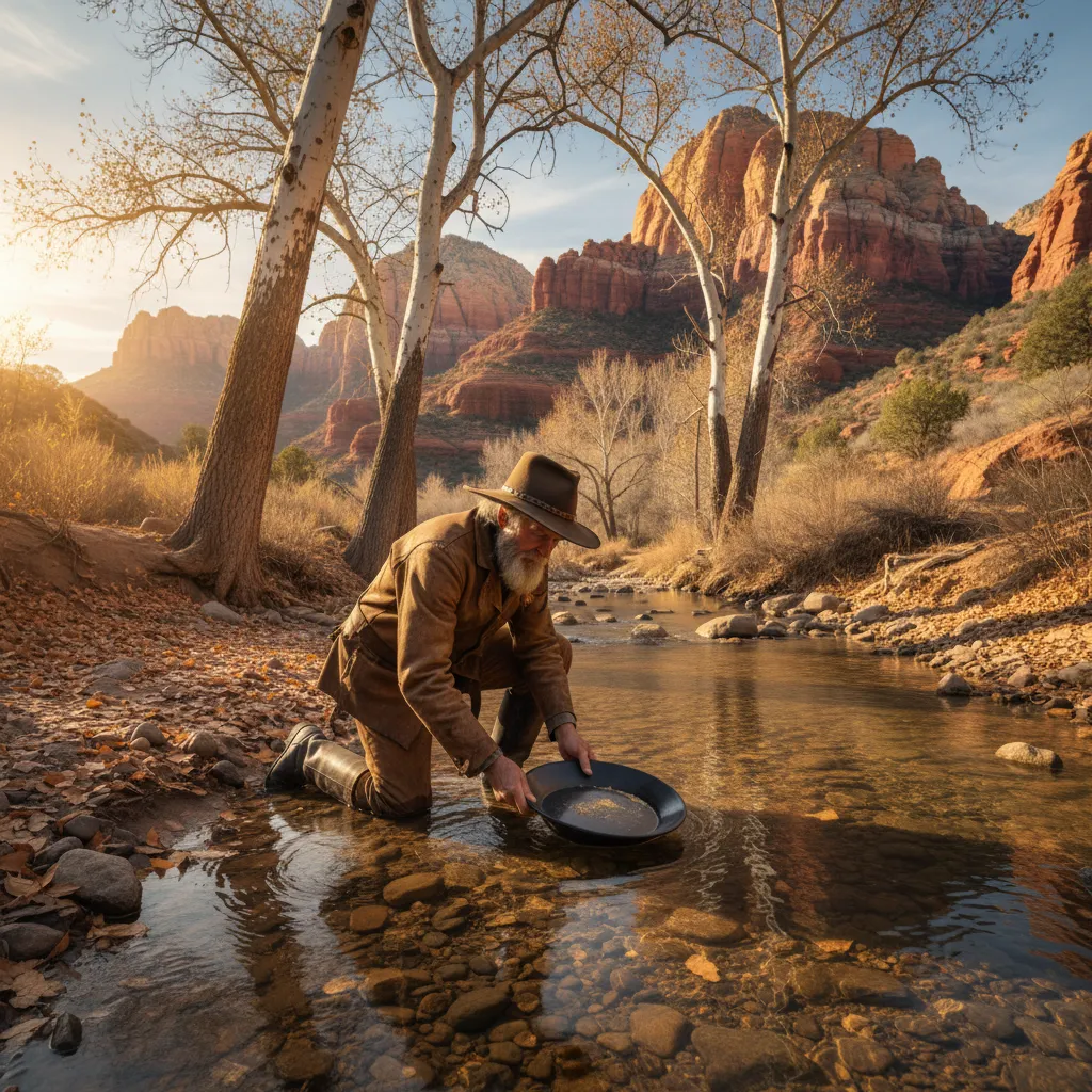 prospector panning gold in a desert creek with sycamore trees and red rock formations in the background, warm winter light, clear shallow water