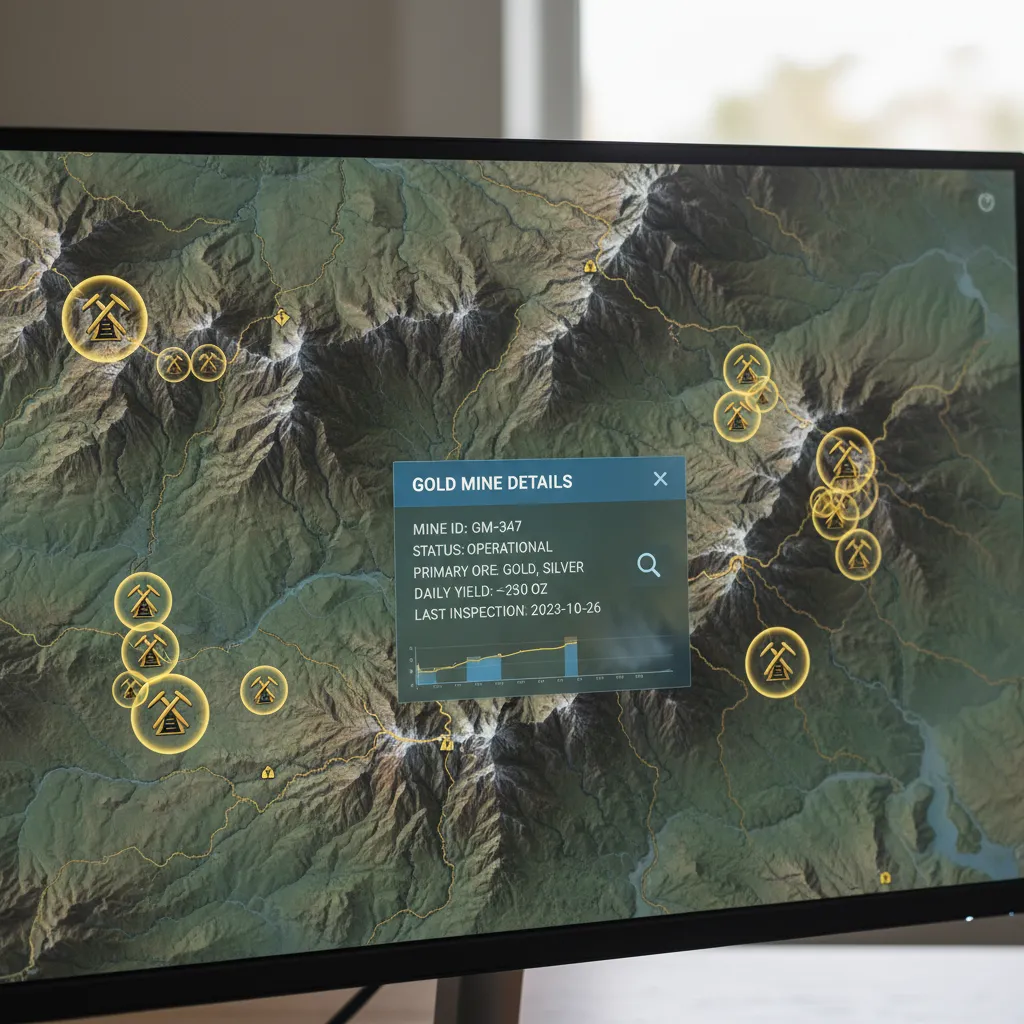 screenshot of an interactive mine map showing clusters of gold mine markers overlaid on terrain in a mountainous region, with mine info popup visible