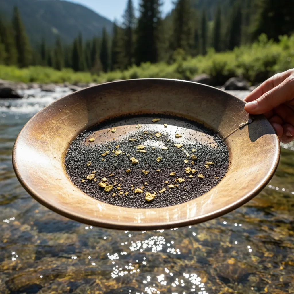 close-up of a gold pan showing small flakes of gold among black sand concentrate, held over a clear mountain creek with sunlight catching the gold
