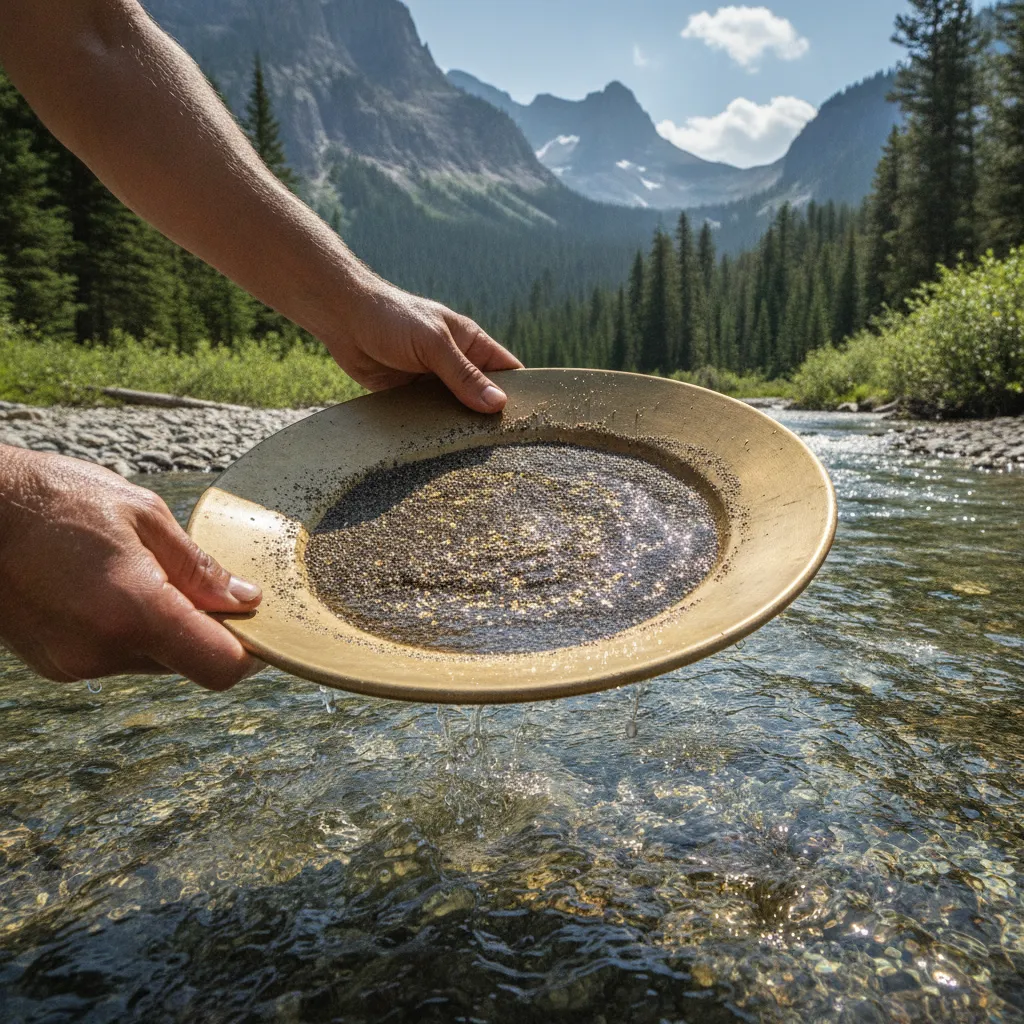 close up of hands holding a gold pan with black sand and small gold flakes over a clear mountain stream, testing a mining claim before purchase