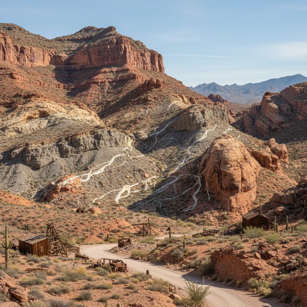 desert canyon landscape showing exposed rock layers with gold-bearing quartz veins visible, Arizona mining district style