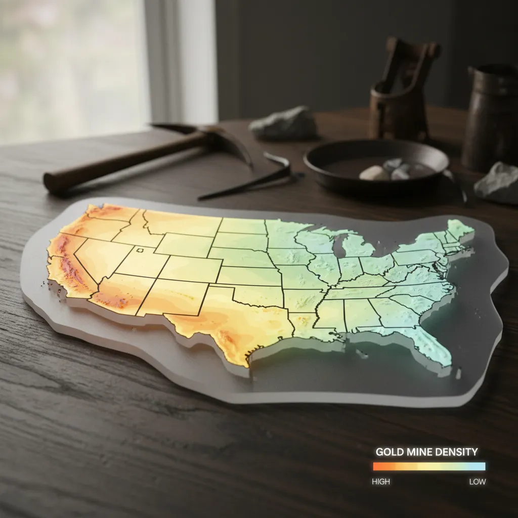 US map heat visualization showing gold mine density by state, California and western states glowing bright, with lighter colors extending across the southeast and New England
