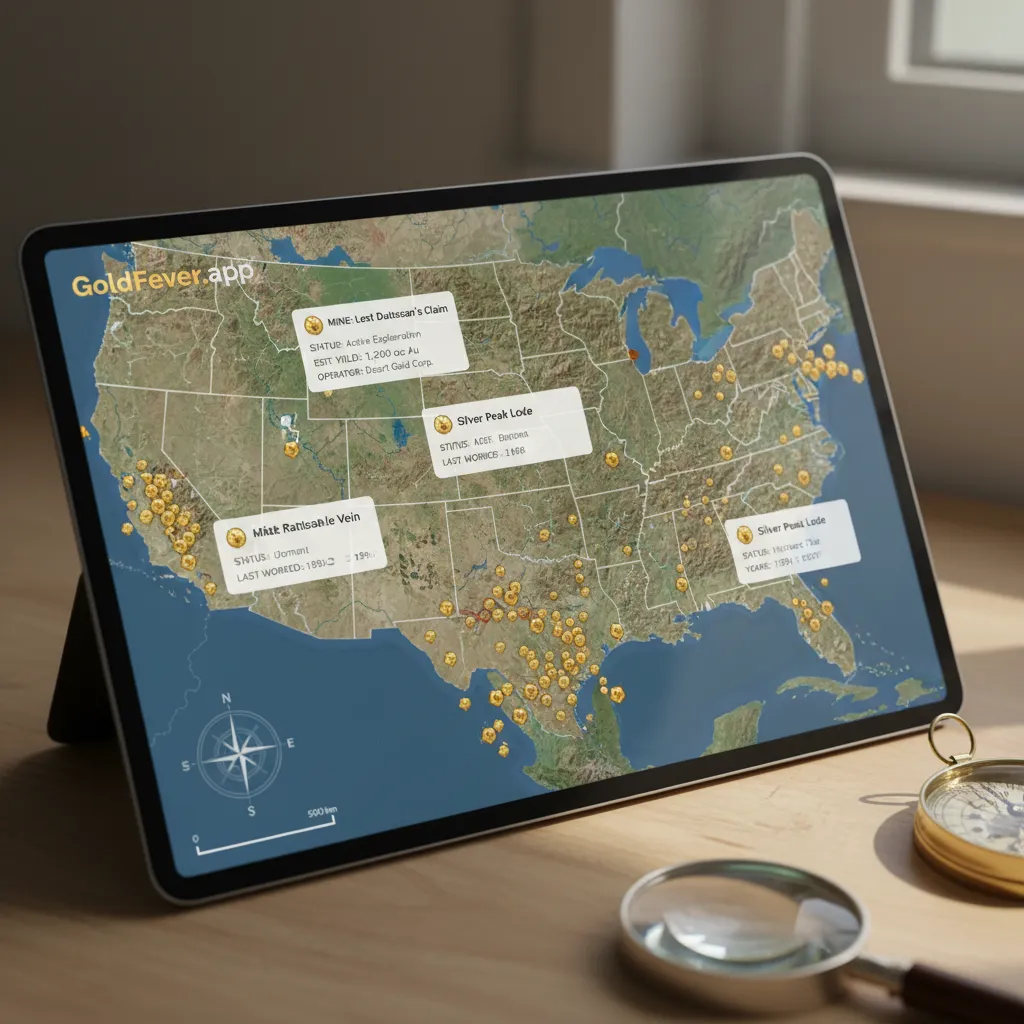 screenshot of GoldFever.app interactive map showing mine clusters across western United States with marker popups displaying mine details