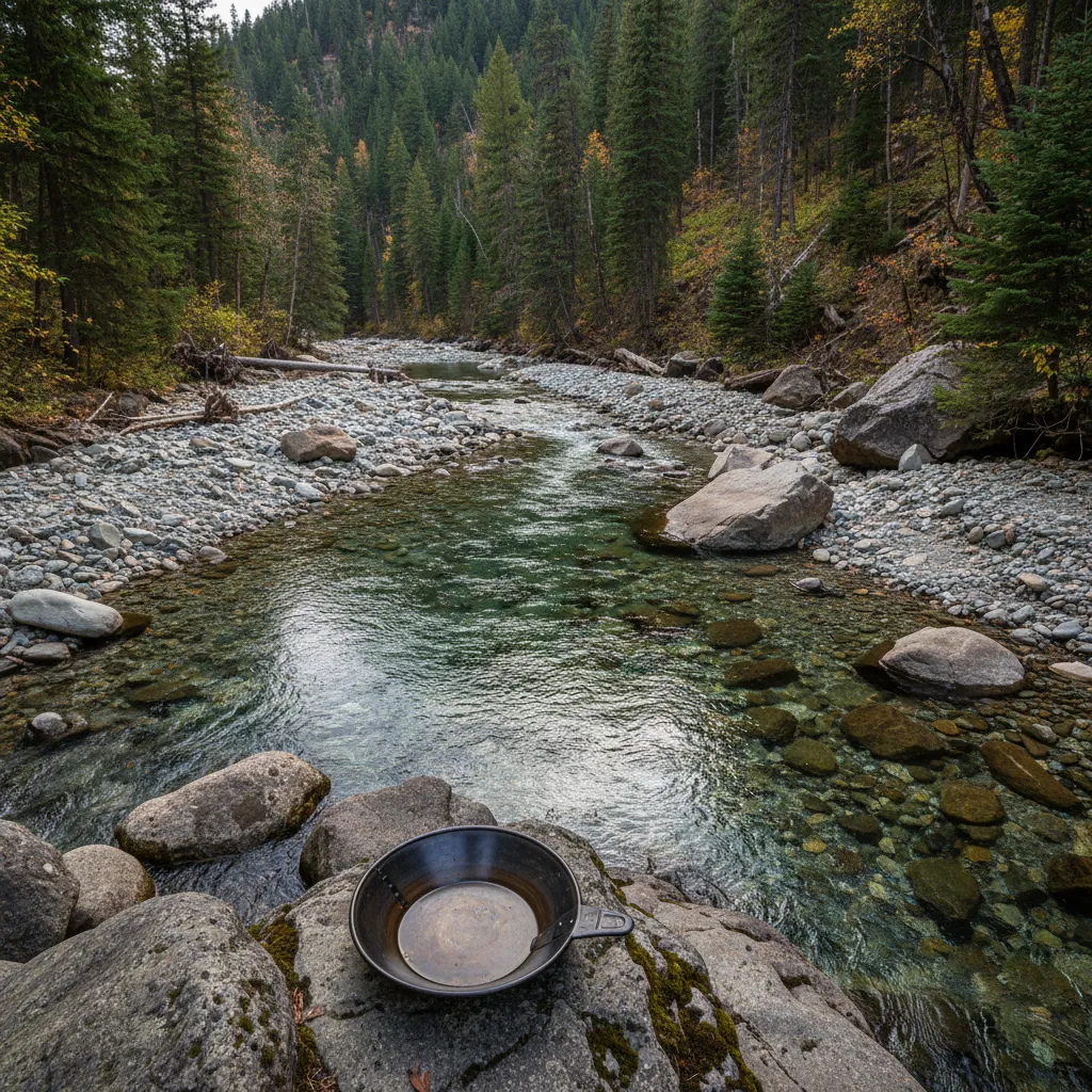 overhead photo of a mountain creek with visible gravel bars, a gold pan sitting on rocks in foreground, and forested hillside in background showing the natural environment where placer gold mining happens