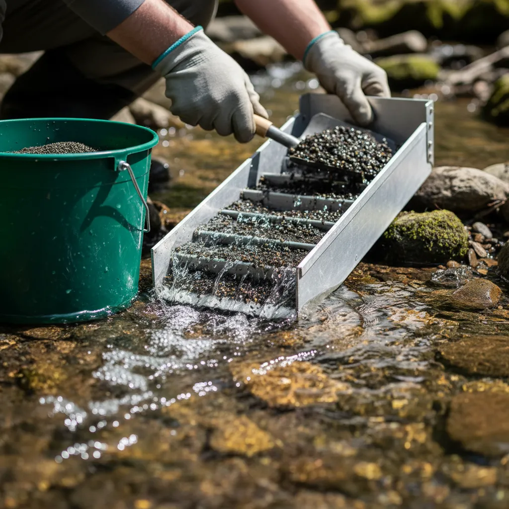 action photo of a compact sluice box set up in a shallow creek with water flowing through it, classified gravel being shoveled in from a bucket, riffles visible trapping black sand and gold concentrate