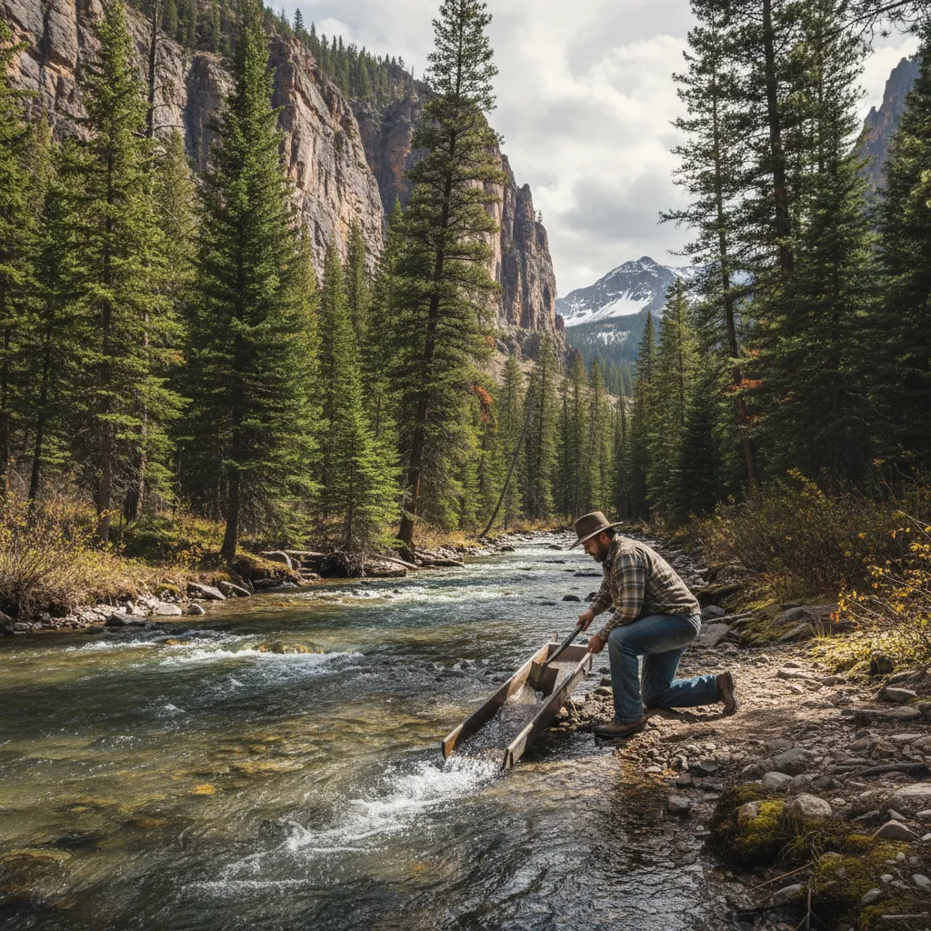 scenic wide shot of a prospector working a sluice box in a mountain stream with pine trees and rocky canyon walls, demonstrating recreational gold mining in a public land setting