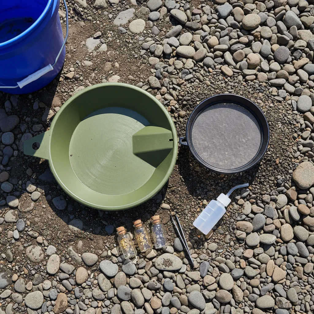 flat lay photo of essential gold panning equipment arranged on a river gravel bar: green 14-inch gold pan, classifier screen, snuffer bottle, glass vials, tweezers, and a 5-gallon bucket, natural outdoor lighting
