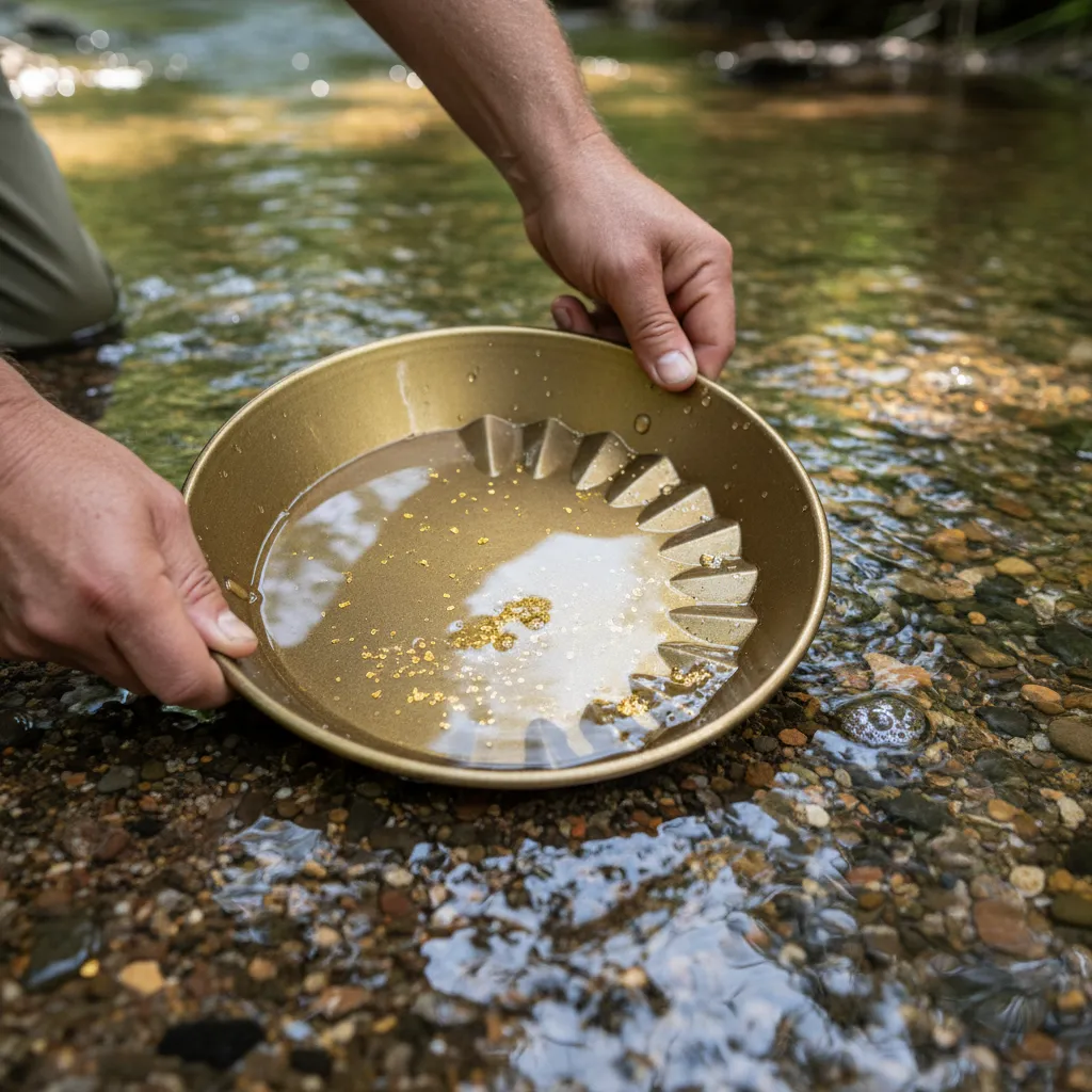 close-up photo of a gold pan submerged in shallow creek water with visible gold flakes settled in the riffles, hands holding the pan at a slight angle, clear water with gravel visible beneath