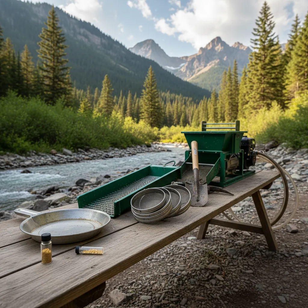 organized progression of gold prospecting equipment from beginner to advanced: gold pan and snuffer on left, sluice box and classifiers in middle, highbanker setup on right, arranged on outdoor table with mountain creek backdrop