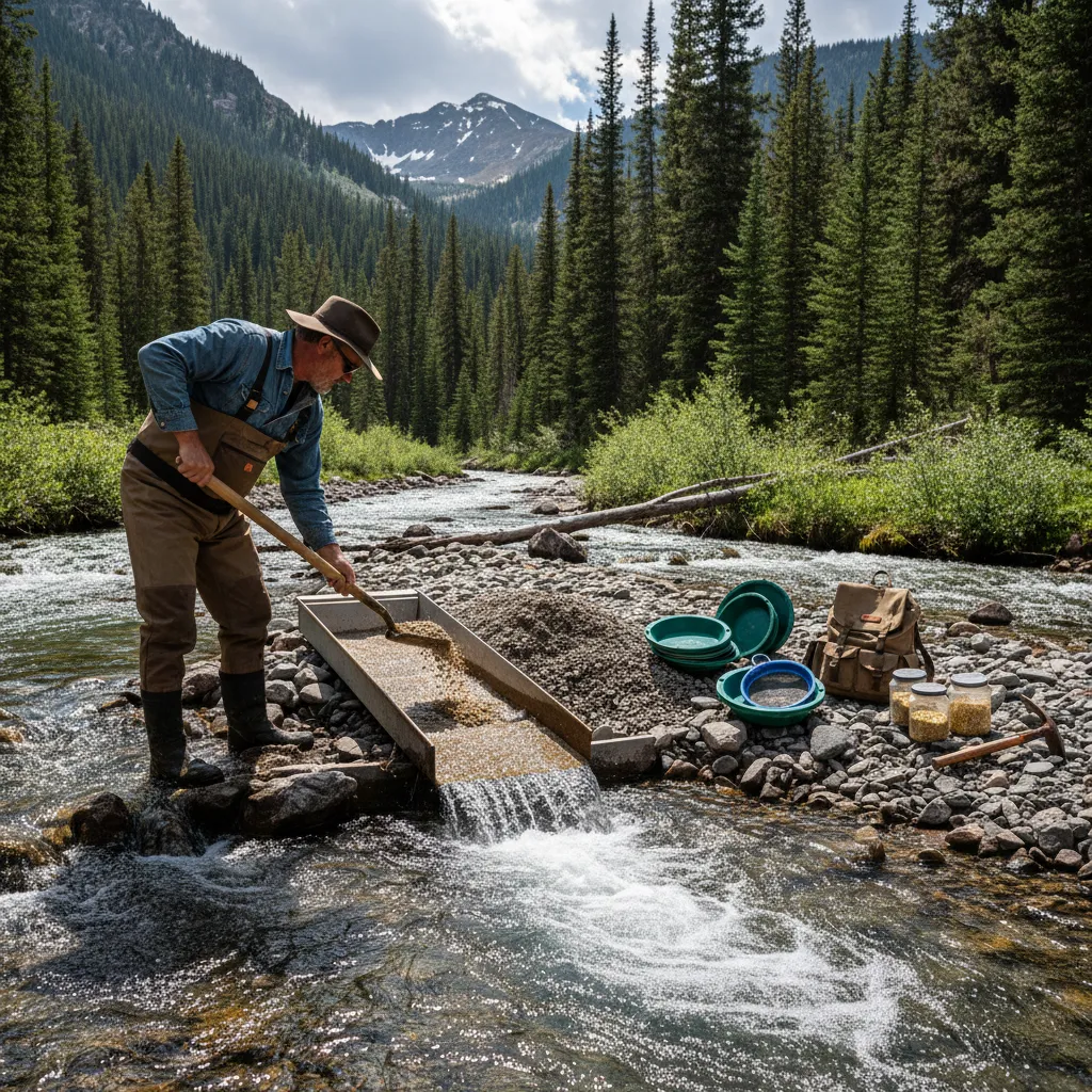 gold prospector working a sluice box in a mountain creek, water flowing through the sluice, classified material being shoveled in, with waders and organized gear visible on the bank