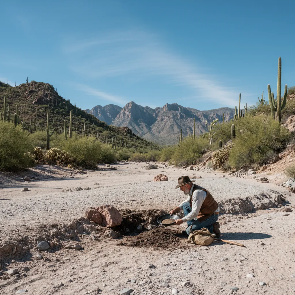 wide desert wash in Arizona with rocky hillsides, a prospector kneeling near dark gravel deposits, Bradshaw Mountains in background, clear blue sky