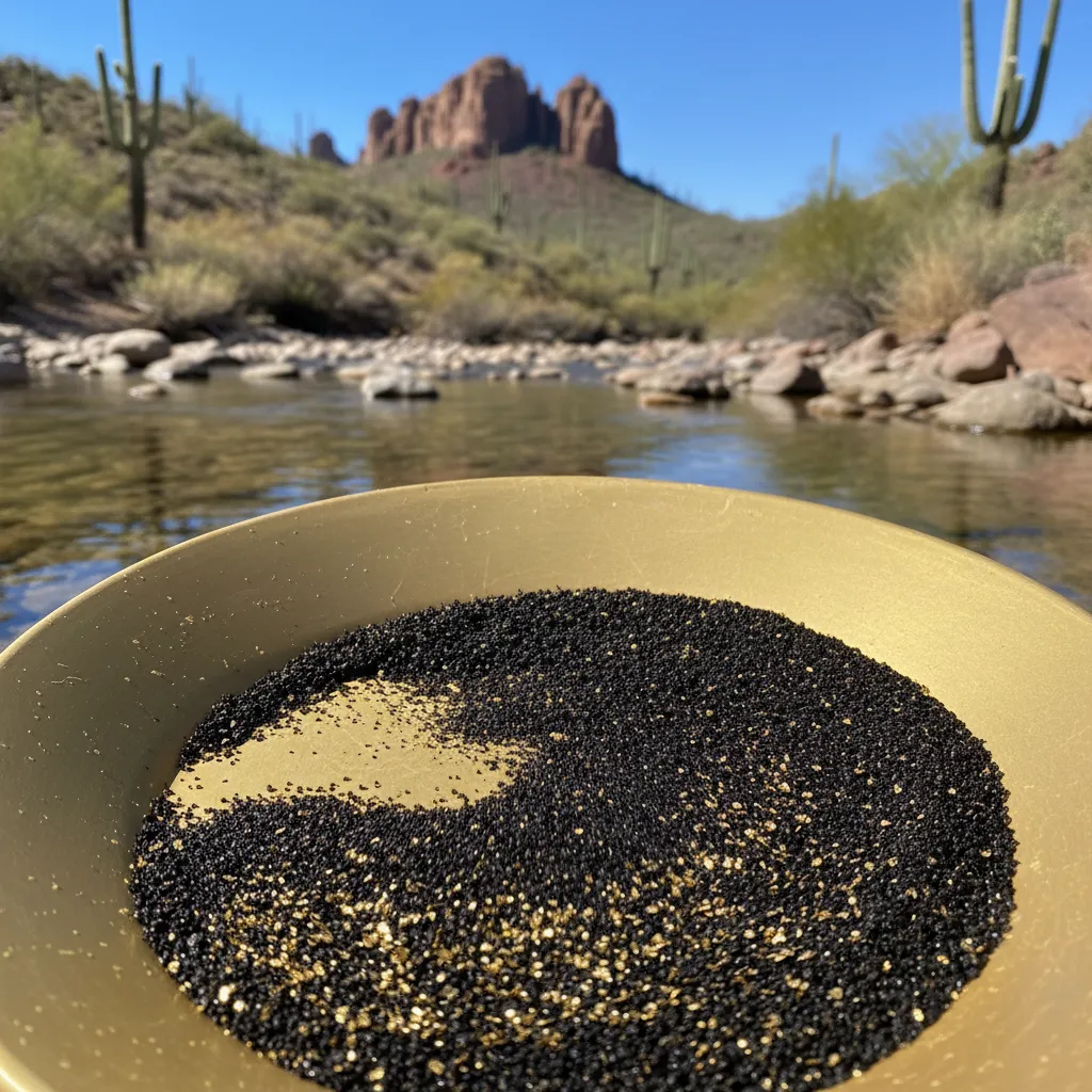 close-up of gold pan with fine gold flakes and heavy black sand, desert creek water visible in background, rocky Arizona terrain