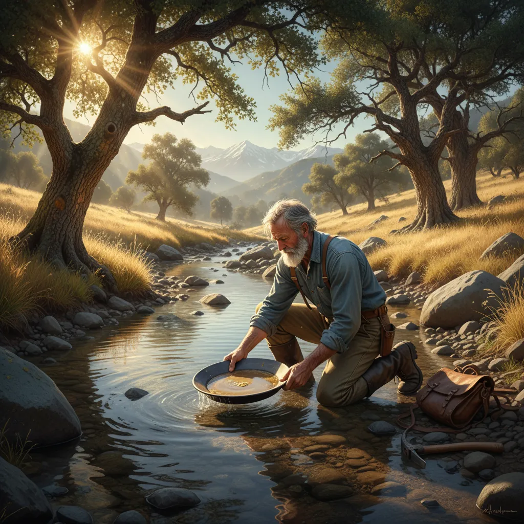 prospector kneeling beside a Sierra Nevada foothill creek with a gold pan, morning light filtering through oak trees, exposed granite bedrock visible in shallow water, gold country landscape