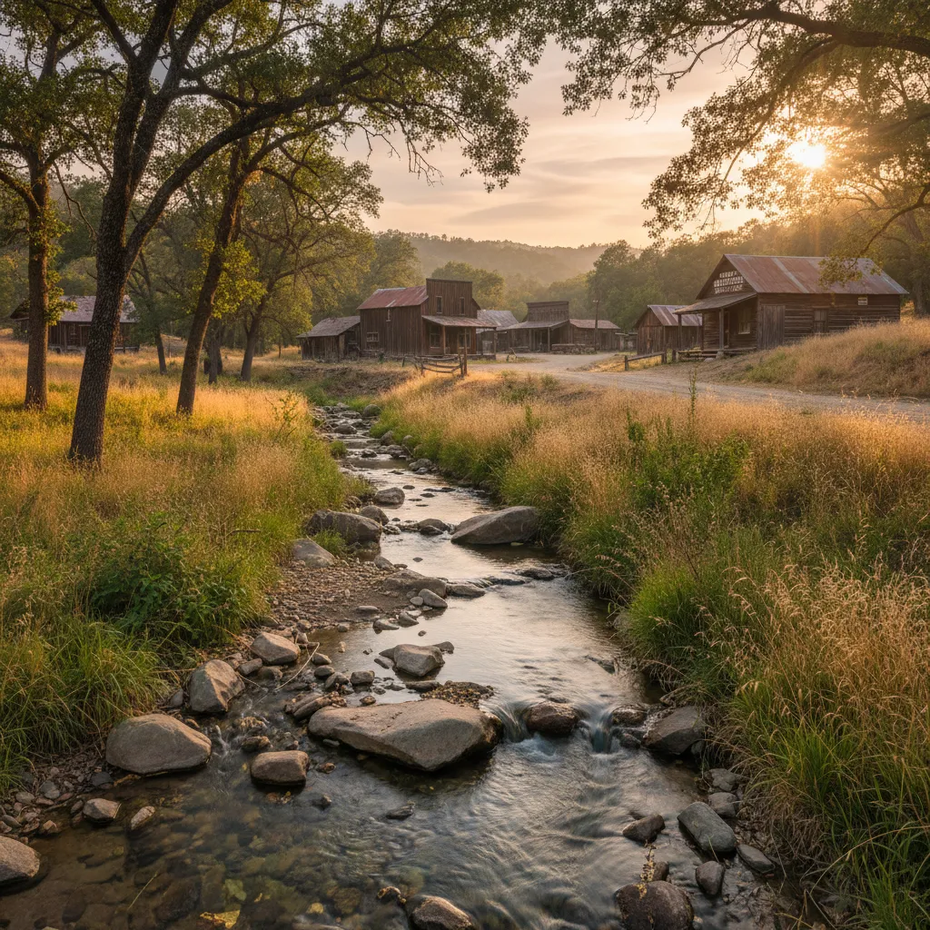 small foothill creek in California gold country winding through oak woodland, exposed bedrock visible in streambed, historic gold mining town buildings visible in background