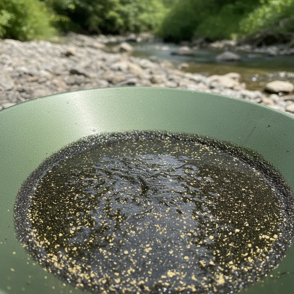 close-up of a gold pan with fine gold flakes and black sand visible against green pan surface, creek water and gravel in background, natural lighting