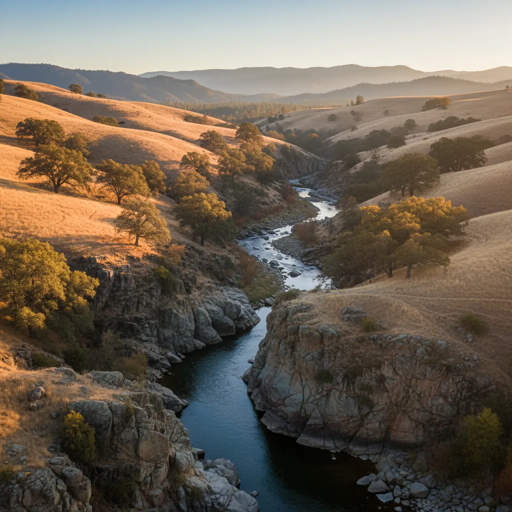 wide view of a Sierra Nevada foothill river canyon with golden grass hillsides, oak trees, and a winding river cutting through exposed bedrock, autumn light