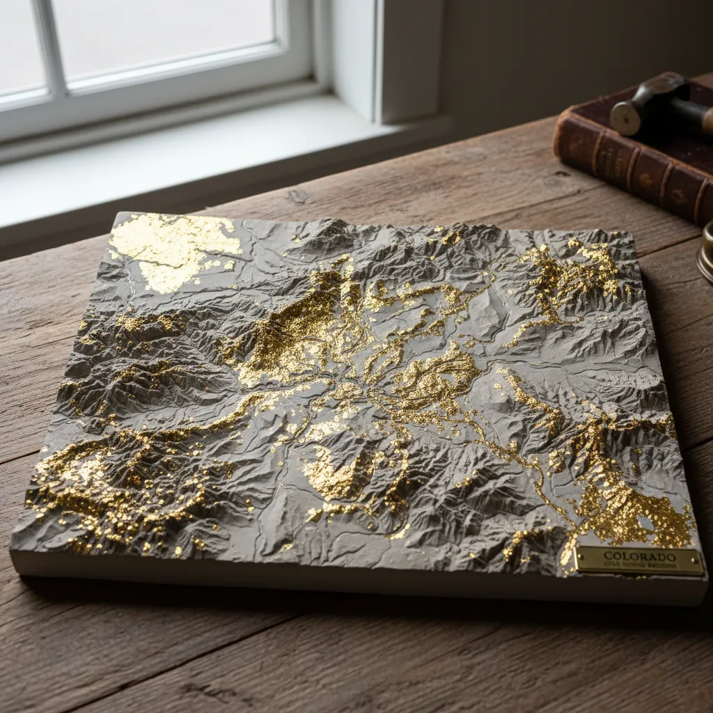 topographic relief map of Colorado with gold mining regions highlighted showing mine clusters in San Juan Mountains, Clear Creek corridor, South Park, and Breckenridge areas with mountain terrain visible