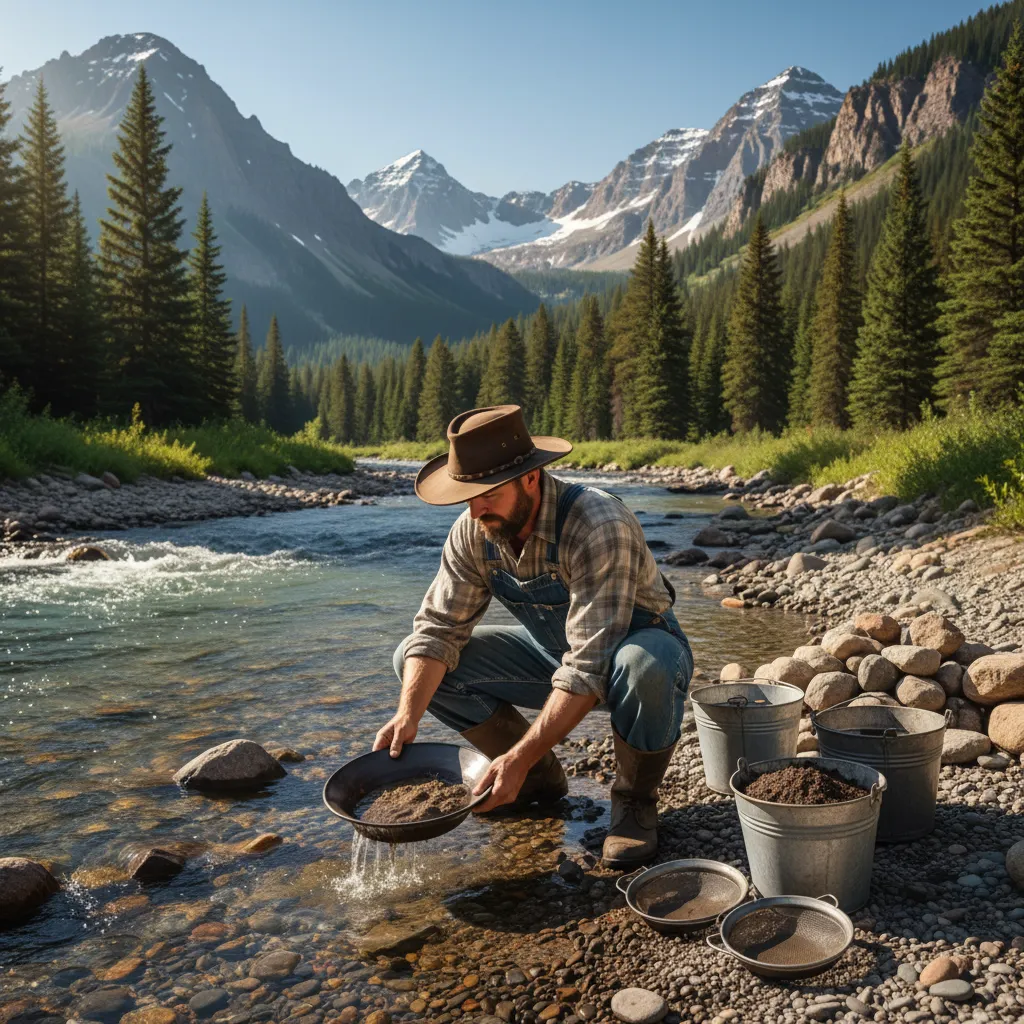 prospector panning for gold on a gravel bar next to a Colorado mountain creek, buckets of dirt nearby, pine trees and mountain backdrop, sunny day