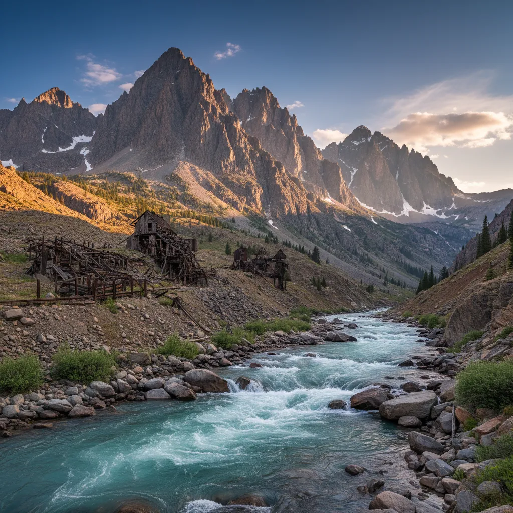Rugged San Juan Mountains landscape with rushing Animas River, dramatic rocky peaks, mining remnants visible in distance