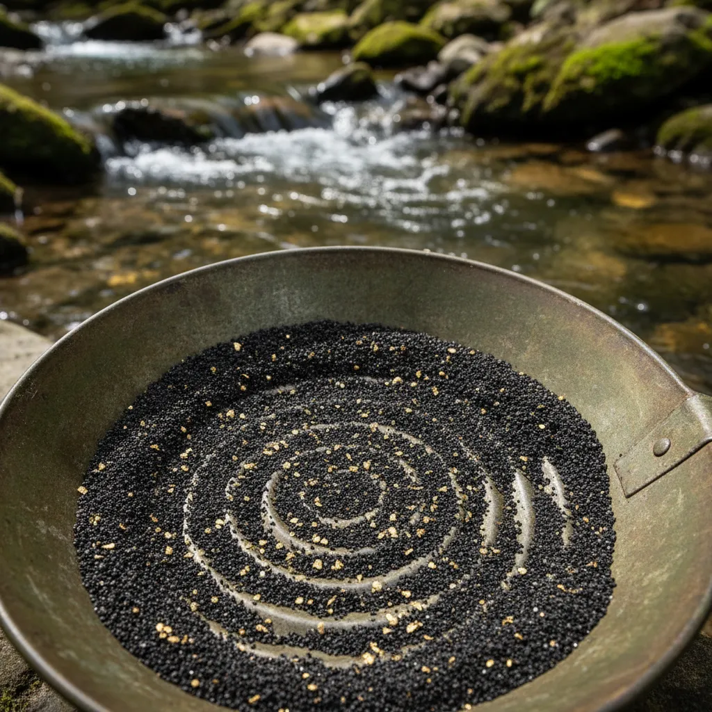 Overhead view of a prospector's gold pan with black sand and small gold flakes visible, stream water in background