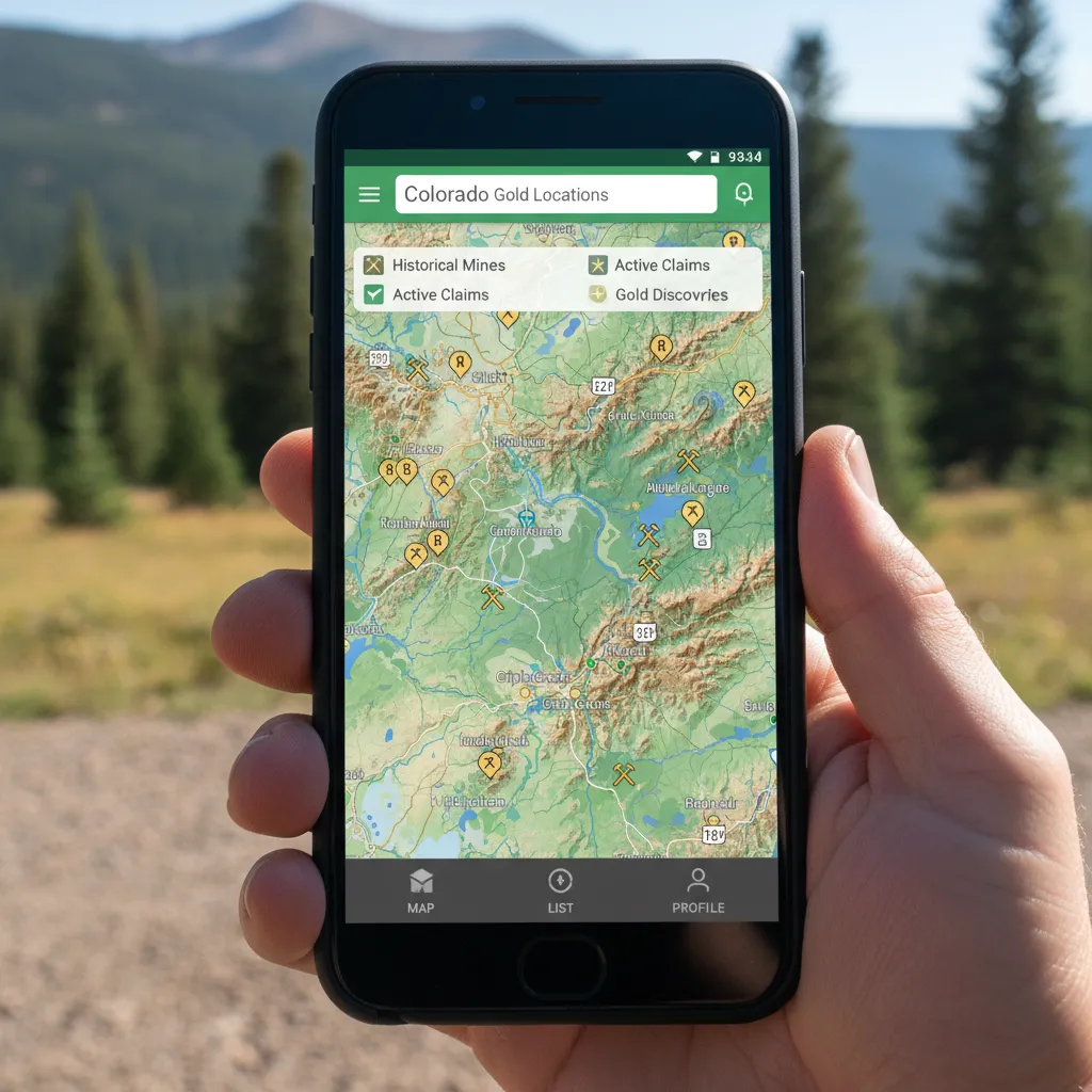 Screenshot of GoldFever.app showing Colorado gold locations on interactive map, mine markers visible