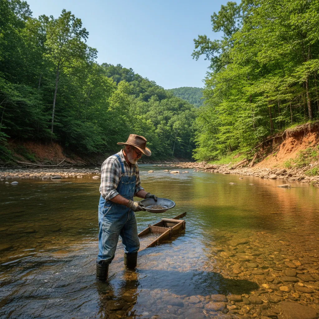 wide angle view of a prospector standing in the shallow Chestatee River surrounded by green Appalachian forest, gold pan in hand, red clay banks visible