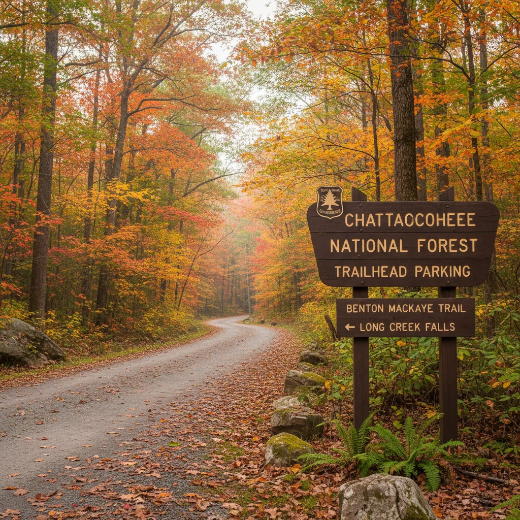 forest service sign at a trailhead in the Chattahoochee National Forest with fall foliage, gravel road leading into mixed hardwood forest