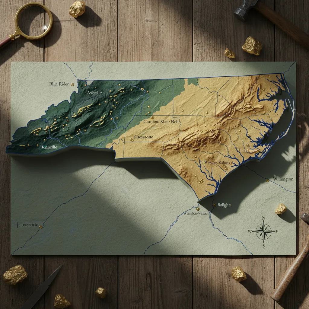 overhead view of a topographic map of North Carolina with the Carolina Slate Belt and Blue Ridge gold regions highlighted, mine locations marked with small gold dots, major towns labeled