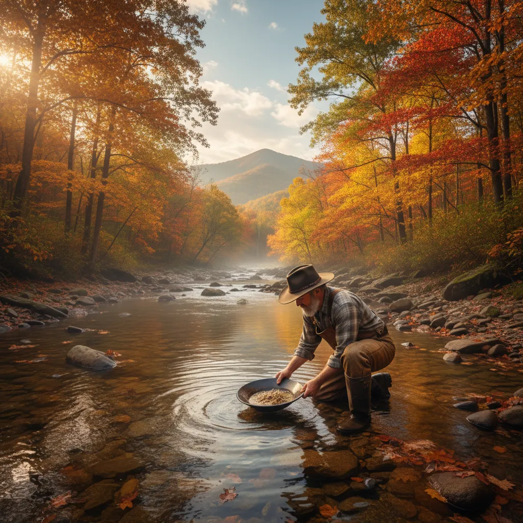 wide view of a prospector panning in a shallow western North Carolina mountain creek, autumn hardwood forest on both banks, morning light filtering through trees