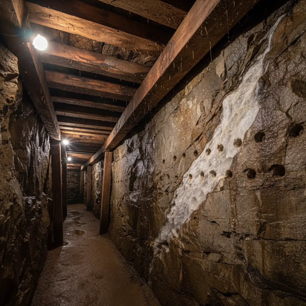 underground mine tunnel at Reed Gold Mine showing original hand-drilled holes in quartz vein, mine timbers overhead, dim lighting illuminating the rock face
