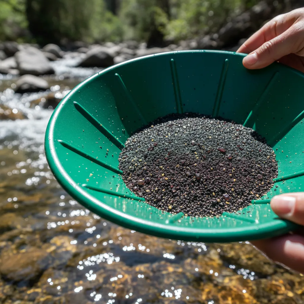 close-up of a green gold pan held at an angle showing fine gold specks and small garnets in black sand concentrate, creek water visible below