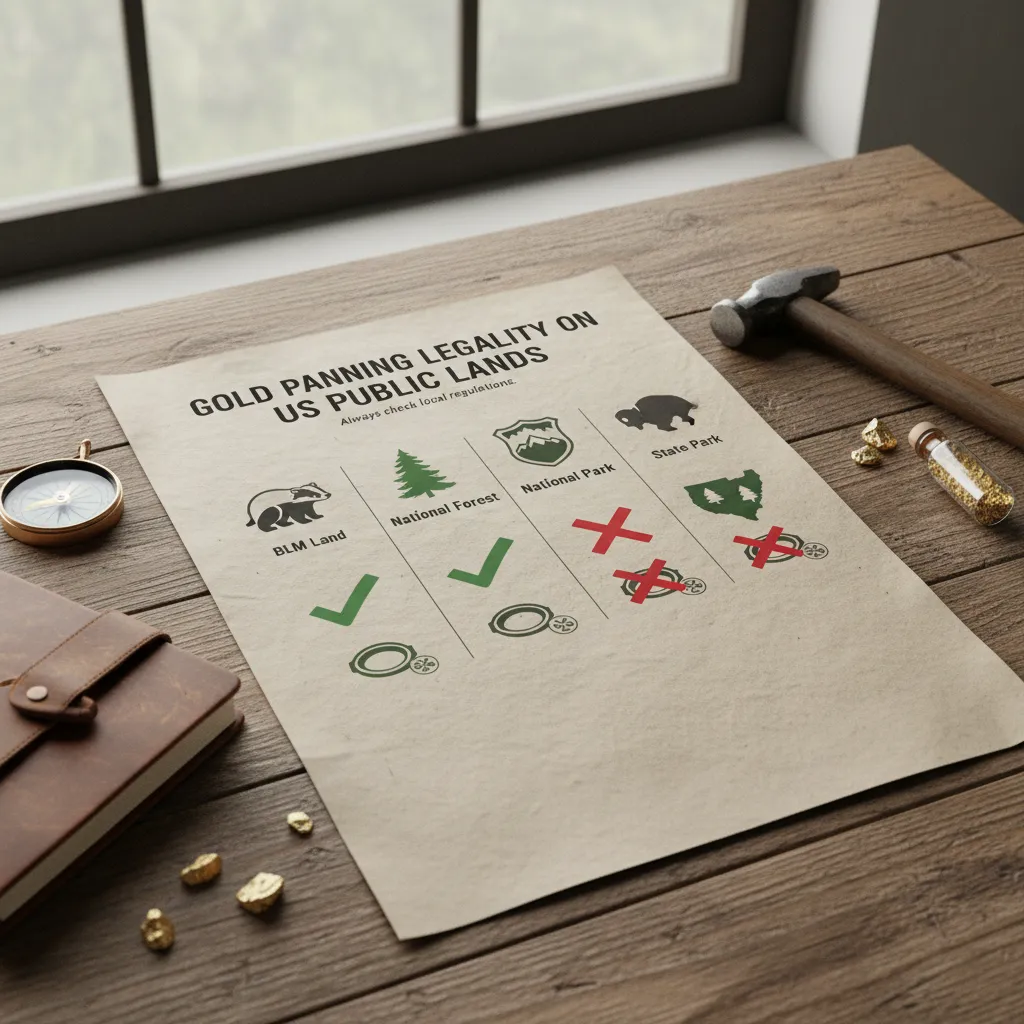 infographic showing icons for different US public land types (BLM, National Forest, National Park, State Park) with green checkmark or red X for gold panning legality