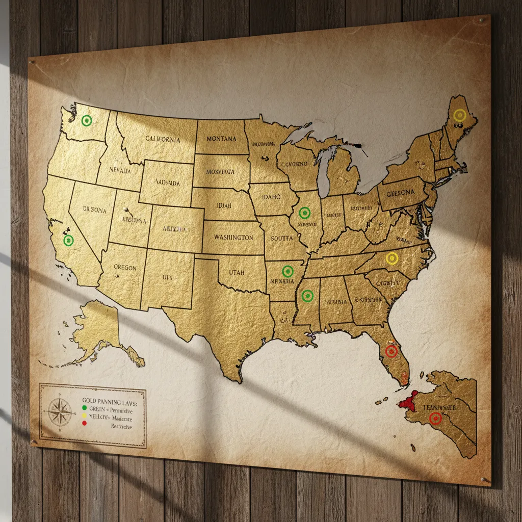 US map with gold-producing states highlighted in gold color, showing relative permissiveness of gold panning laws with green/yellow/red indicators