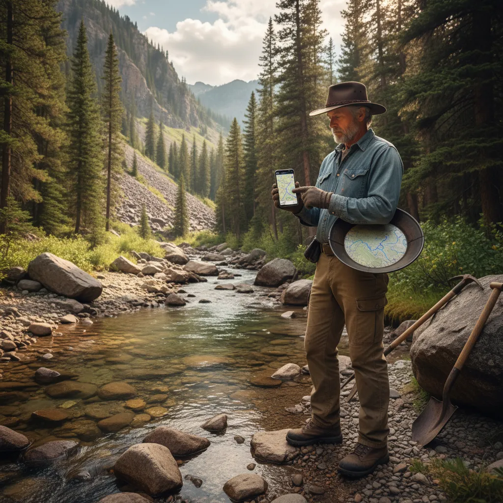gold prospector checking a map app on their phone while standing at the edge of a mountain creek, gold pan tucked under arm, pine trees and rocky terrain