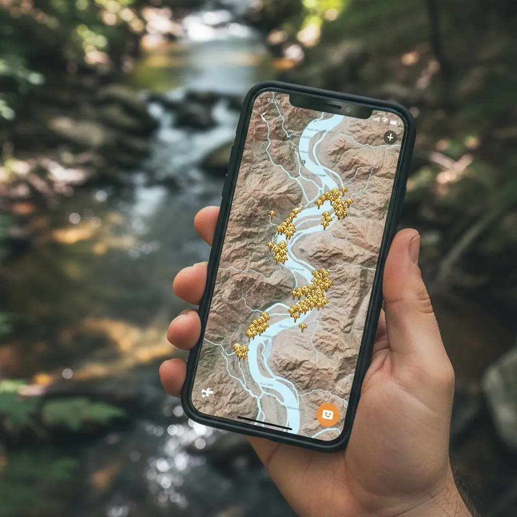 overhead shot of a smartphone showing a map app with gold mine pins clustered along a river, person's hand holding the phone with a creek visible in the background