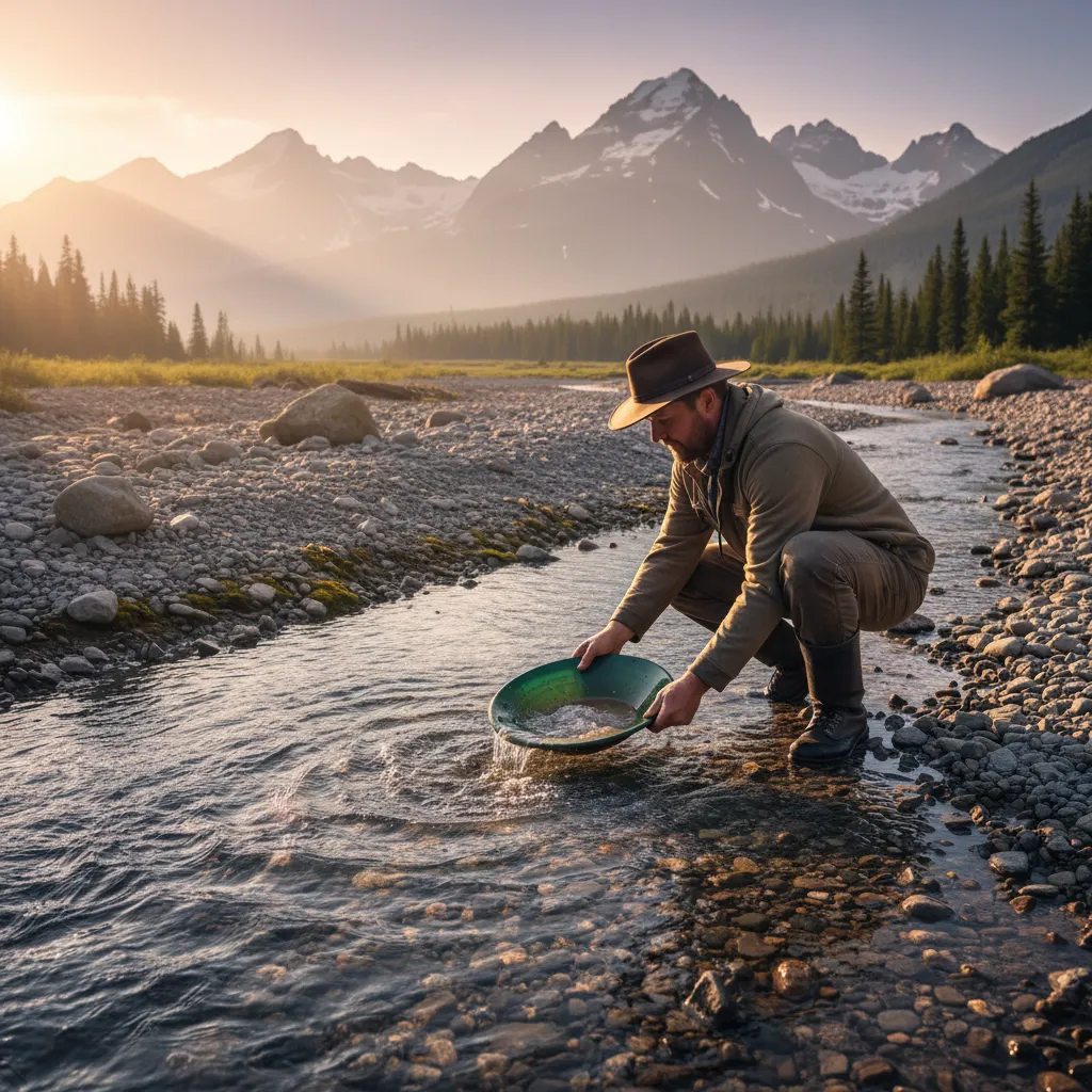 person crouched beside a shallow creek swirling a green gold pan, late afternoon light, mountain scenery in background, rocks and gravel bar visible
