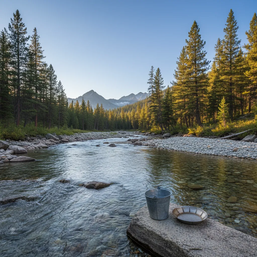 wide landscape shot of a clear mountain creek with exposed gravel bars, pine forest on both sides, a prospector's bucket and pan sitting on a flat rock at the water's edge