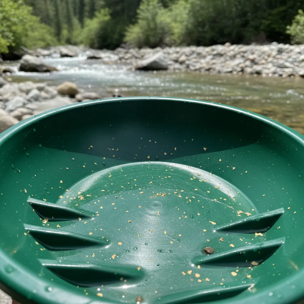 close-up of a gold pan with several small gold flakes visible against the green pan bottom, creek water and gravel in the background, natural lighting
