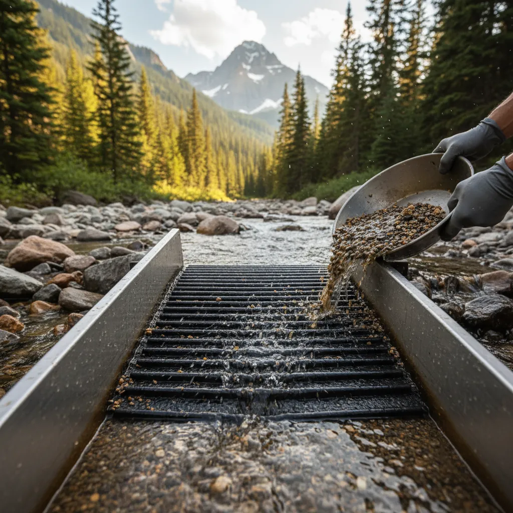 close-up photo of a gold sluice box set up in a shallow creek, water flowing over ribbed matting, gravel being fed into the top, mountain stream setting with clear water and rocky bottom